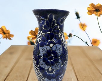Talavera Vase hand painted cobalt blue and white background flower.