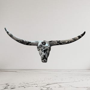 Talavera  long horns cow black and white   39” length