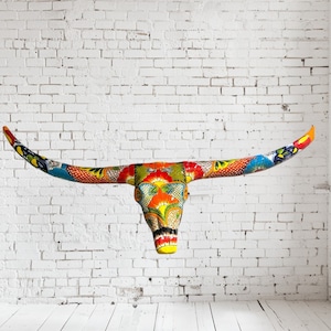 Talavera  long horns cow Turquoise blue with multicolored  42” length