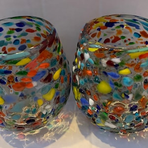 Wine Stemless Glass Pebble Mexican  beautiful multicolored handmade Beautiful and Rare