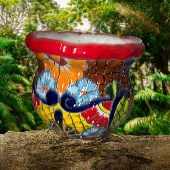 Red Rim Planter Large Talaver With Multicolored Floral Hand-painted Mexican  Folk Art - Etsy