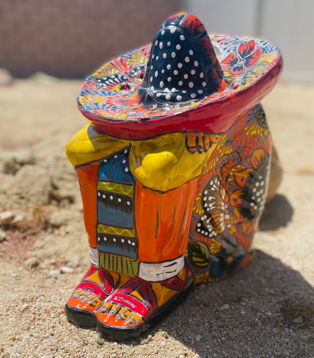Rare Panchito Statue Terracotta Sleeping Mexican Man Sunflower With