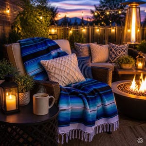 Serape Blue Black Mexican blanket: Striped Falsa Blanket with White Fringe