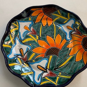 Talavera sunflower and lilies Plate 12” X  2" Depth Mexican Pottery, Cobalt Blue rim beautiful handprinted