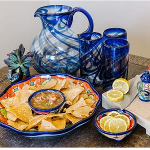 Talavera Appetizer Tray Platter 2 Piece Set, 1 Ribboned 12&quot; Plate 2&quot; Depth, 1 Small Salsa Bowl 2.5&quot; Great Cobalt Blue, Red or Orange