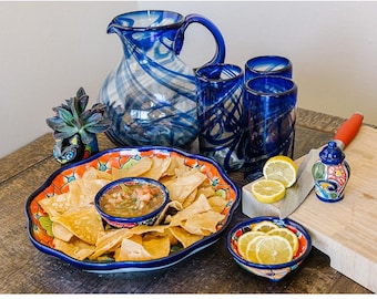 Talavera Appetizer Tray Platter 2 Piece Set, 1 Ribboned 12" Plate 2" Depth, 1 Small Salsa Bowl 2.5" Great Cobalt Blue, Red or Orange