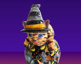 Cat lay on Pumpkin Candle Holder Talavera - Halloween Decor
