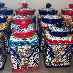 Talavera Canister set 3 Piece  Red ,Yellow blue variety of Rim colors   XL set