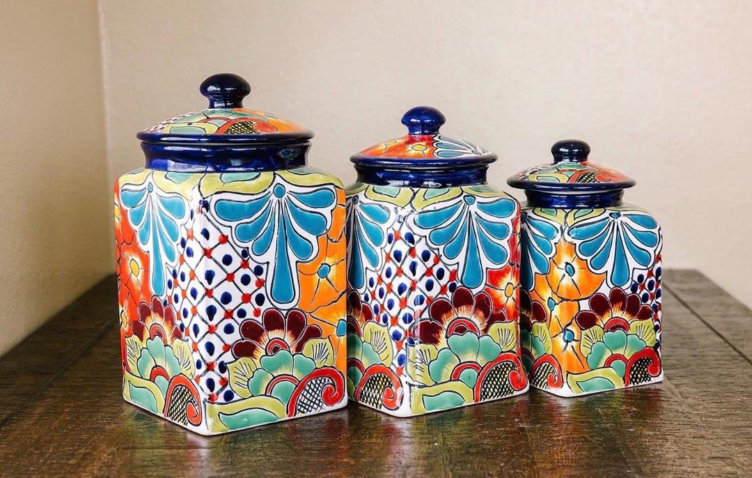 ドイツブルーメンキンダー春　フラワーチルドレン　 3体セット Canister Set of 3 Cobalt Blue Rim, Floral Torquise Flowers Art - Etsy