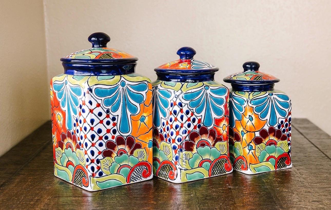 3色の瓶詰め風オブジェ3個set    ハンドメイド雑貨 Canister Set of 3 Cobalt Blue Rim, Floral Torquise Flowers Art - Etsy