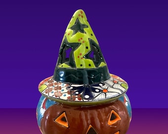 Talavera Pumpkin Jack o Lantern Candle Holder - Halloween Ceramic