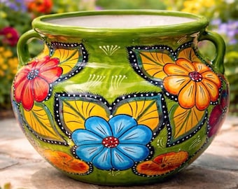 Planter green with multicolored flowers, Drainage Hole Extra Large