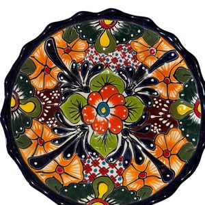 Bowl talavera round Ribbon cobalt blue rim beautiful colorful handprinted great side dishes serving dish .