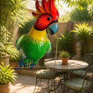 May include: A hanging parrot sculpture featuring a vibrant red crest, a bright yellow neck, and a green body with blue wing accents. The bird is suspended from a thin gold-toned metal frame by a small hook and chain, showcasing a glossy finish.