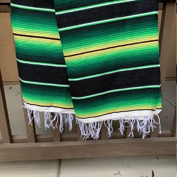 Blanket Mexican Serape Saltillo Green Black  and Yellow Striped Handmade XL 82 X 62