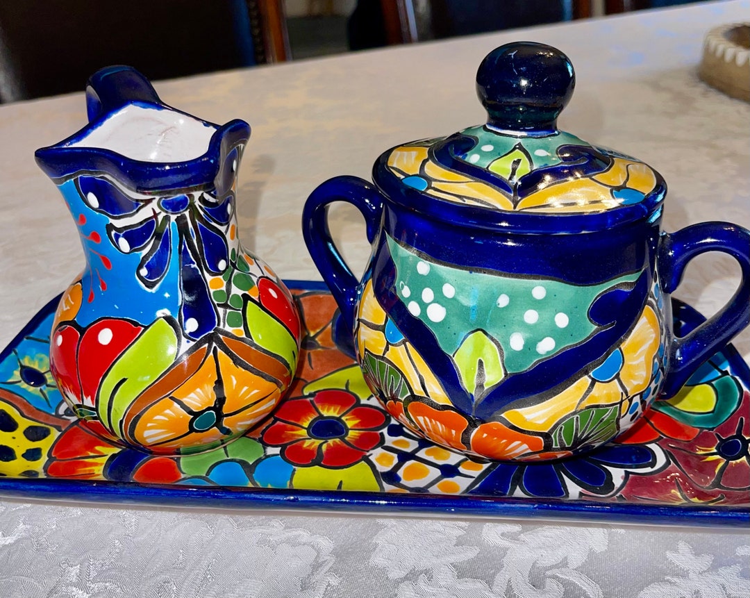 Talavera 3 Piece Set, Platter for Sweets Sugar Bowl and Creamer that
