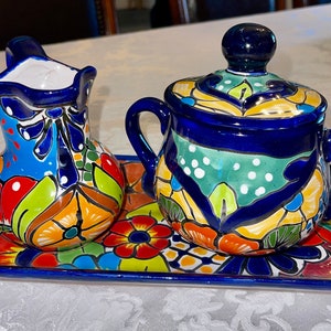 Talavera 3 piece set, platter for sweets| sugar bowl and creamer |that match beautiful cobalt blue multicolored hand painted