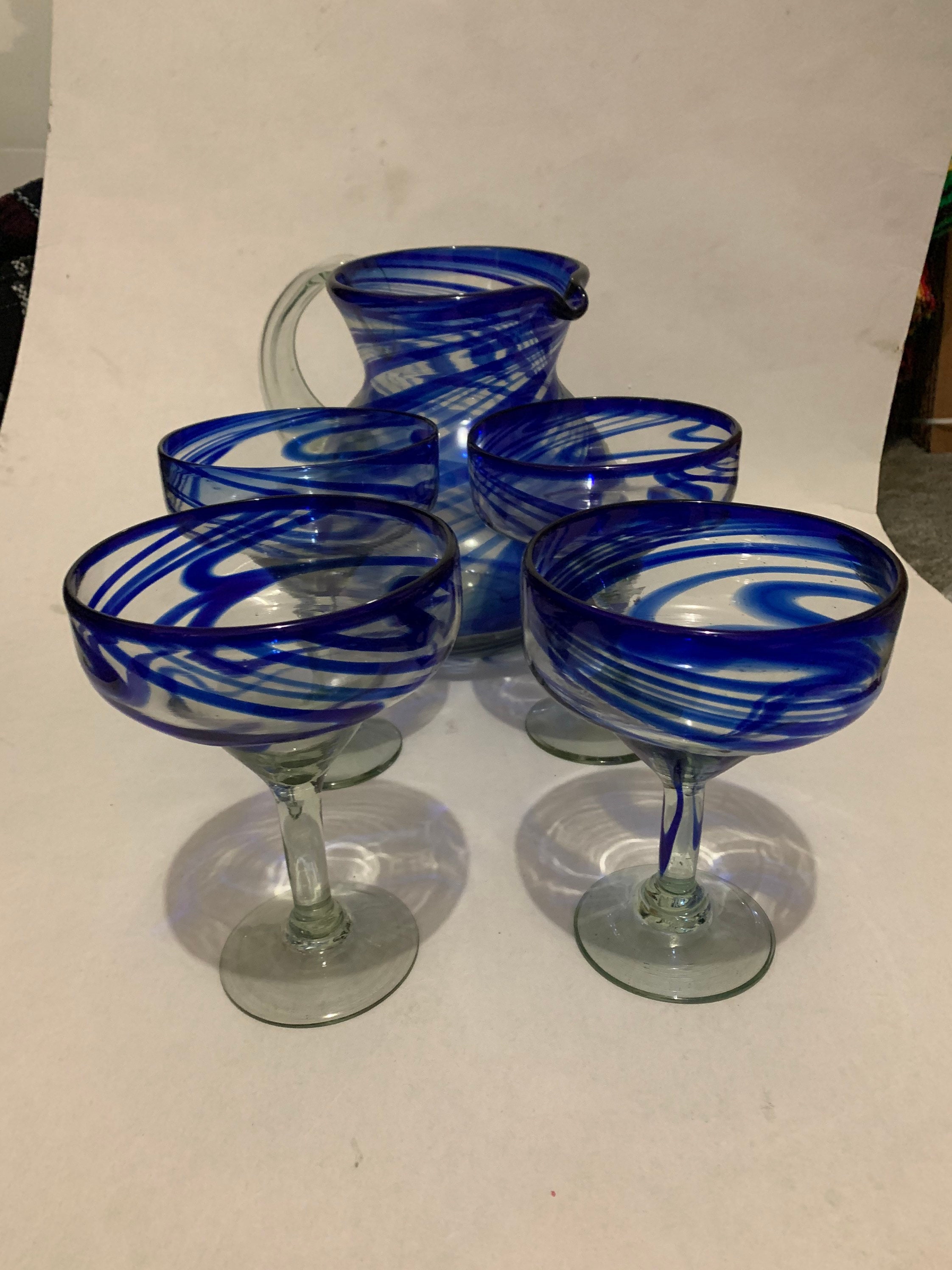 Set of 7 Margarita pitcher and 6 margarita glasses blue swirl Etsy