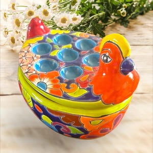 Talavera chicken egg crate with a bowl
