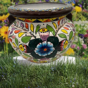 Talavera Flower Planters rim is brown green with multicolored flowers is beautiful color Mexican Folk art.