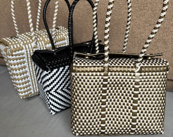 Meksykańska torba plażowa Boho, tkana ręcznie z recyklingu, wodoodporna, z tworzywa sztucznego