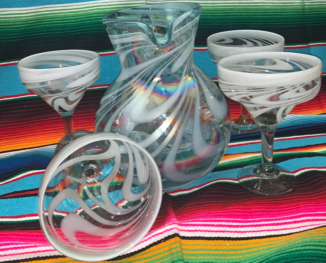 Margarita pitcher set and 6 margarita glasses white swirl Etsy