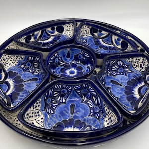 Talavera appetizer Tray Mexican Folk Art Cobalt Blue and white Chip Dip Platter 7 Pc  Handcrafted in Mexico 12.5 beautiful