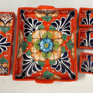 Talavera Orange Casserole and Appetizer 5 Piece Set Beautiful Mexican Pottery, Great for Fiesta&#39;s and Potlucks
