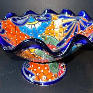 Fruit pedestal bowl talavera ribbon beautiful multicolored very large