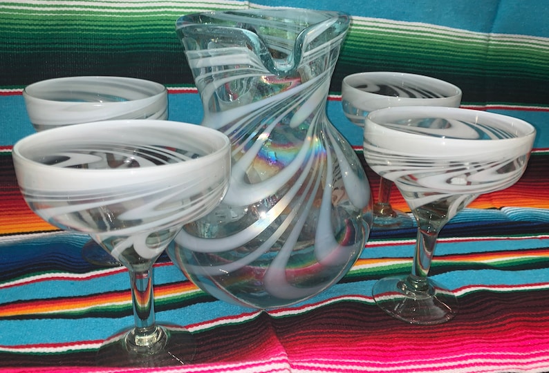 Margarita pitcher set and 6 margarita glasses white swirl Etsy