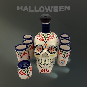 Talavera Skull Decanter with multicolor Tequila Set Ceramic Shot Glass saltshaker | Hand Painted