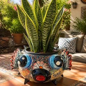 Peut inclure: Une plante serpent aux feuilles dressées, panachées de vert et de jaune, plantée dans un pot en céramique rond en forme de poisson stylisé. Le pot présente de grands yeux bleus, un museau noir et des motifs floraux complexes en rouge et jaune.