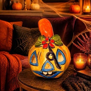 May include: A ceramic pumpkin-shaped lantern with a yellow and orange glaze, featuring hand-painted blue triangular eyes, a blue mouth with two teeth, and a green leaf and red flower detail on top with a tall orange stem.