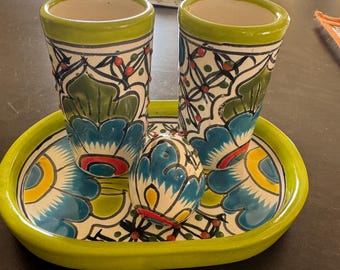 Talavera Tequila Set: Bricka, Shotglas och Saltkar