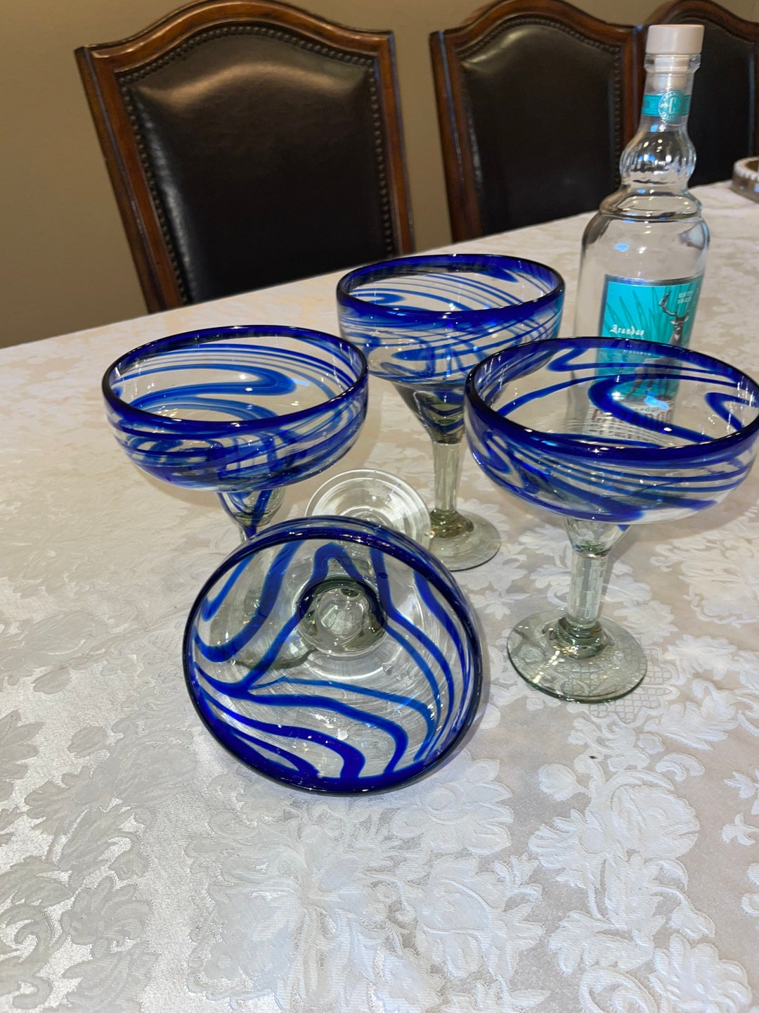 Margaritas Blue Swirl Glasses Set of 2 4 and 6 Hand Blown Elegant 5.5 X