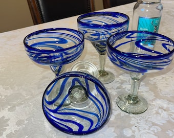 Hand Blown Margarita Glasses: Blue Swirl Elegant Glassware (Set of 2)