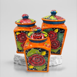 Canister set 3 Piece Talavera Black background orange accent with red rose floral Handcrafted hand painted XL set