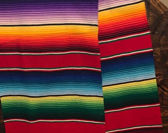 Serape Blanket: Red Multicolored Striped Falsa Blanket Handmade
