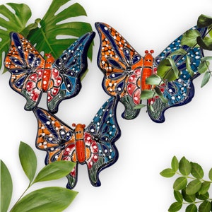 Talavera set of 3 Butterflies Wall, beautiful blue and red garden and patio decorations, colorful ceramic butterflies for home, home decor.