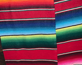 Serape Blanket Red multicolored Traditional Mexican  striped Beautiful colors white fringe  XLarge