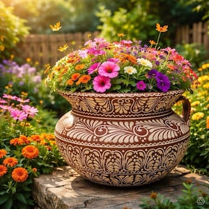 May include: A brown ceramic pot with a wide mouth and a single handle, decorated with intricate white painted patterns. The pot is filled with a vibrant arrangement of pink, orange, yellow, and purple flowers, creating a dense, colorful display.