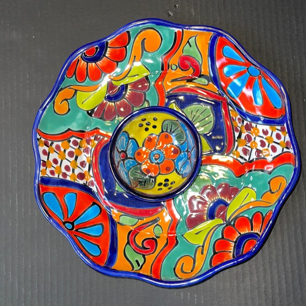 Talavera Appetizer Tray  Platter 2 Piece Set I 1 plate Ribboned 12” 2" Depth I 1 Small Salsa Bowl 2.5" I Cobalt Blue Multicolored