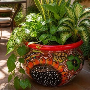 Puede incluir: Una maceta de cerámica pintada a mano con un borde rojo brillante y una base marrón que presenta un gran motivo de girasol con pétalos naranjas y un centro negro con puntos blancos. La maceta está llena de diversas plantas verdes.