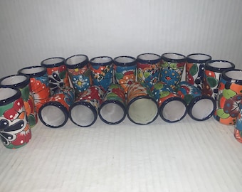 Ceramic talavera Shot glasses Tequila  order 2 , 4 or 6 piece Set Mexican shot Glass 2 oz   Multicolored great gift set