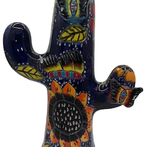 Hand-Painted Talavera Saguaro Cactus Statue - Blue Desert Garden Decor