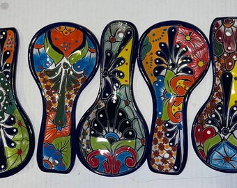 Handcrafted Talavera Spoon Rest: Cobalt Blue Rim, Vibrant Colors