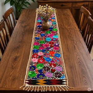 Handmade Embroidered Table Runner: Mexican Floral Art, 91" Long