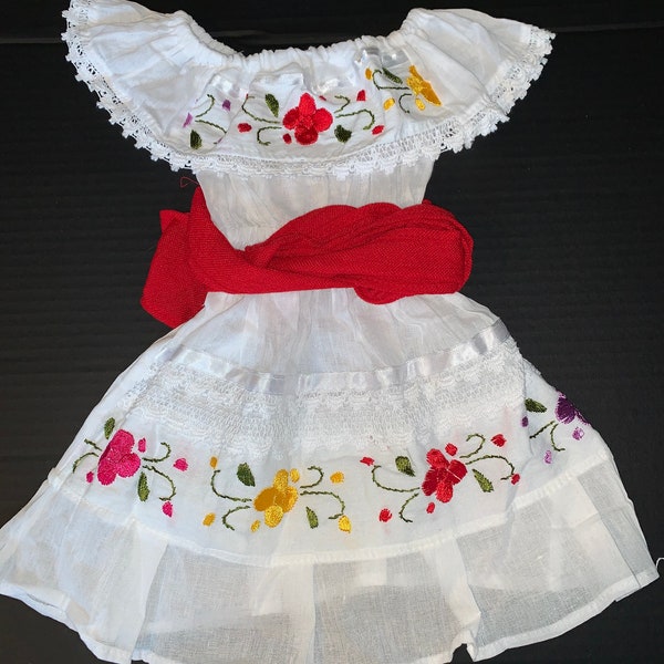 Maria Bonita Girls pullover White Dress  2 piece set with sash embroidery Flowers Gypsy Dress Lace size 0 months-12years