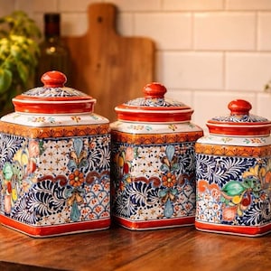 Canister set of 3 white background Red Rim Talavera handpainted