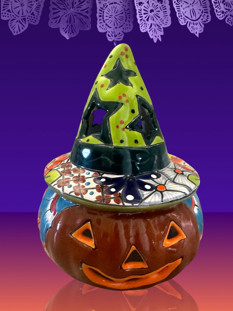 Talavera Pumpkin Jack O Lantern Candle Holder - Halloween Ceramic - Etsy